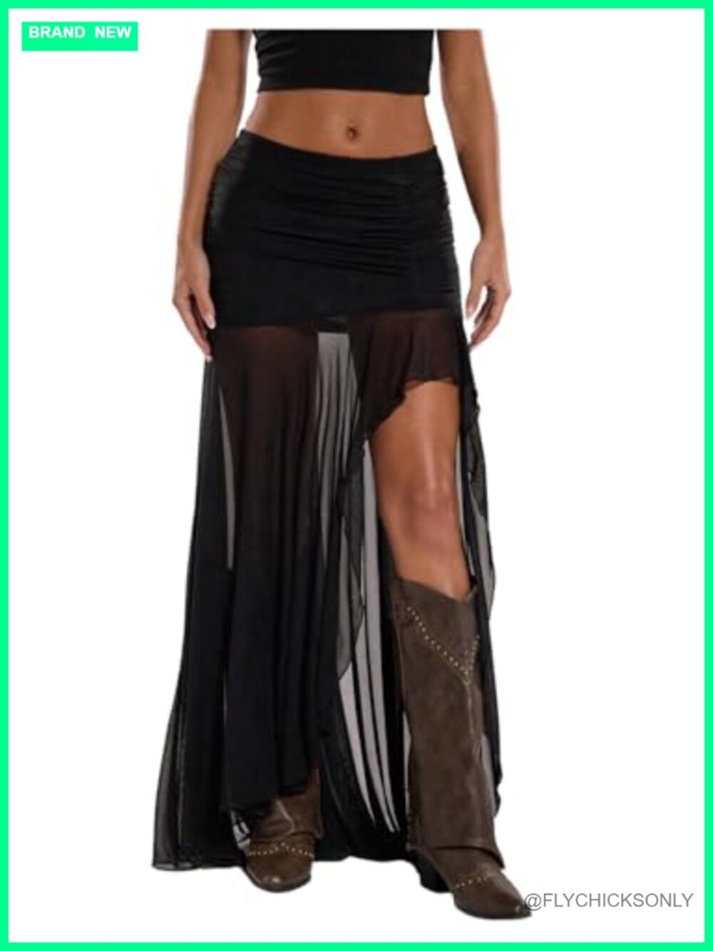Sheer Mesh Pleated High Slit Maxi Skirt Asymmetrical Bodycon